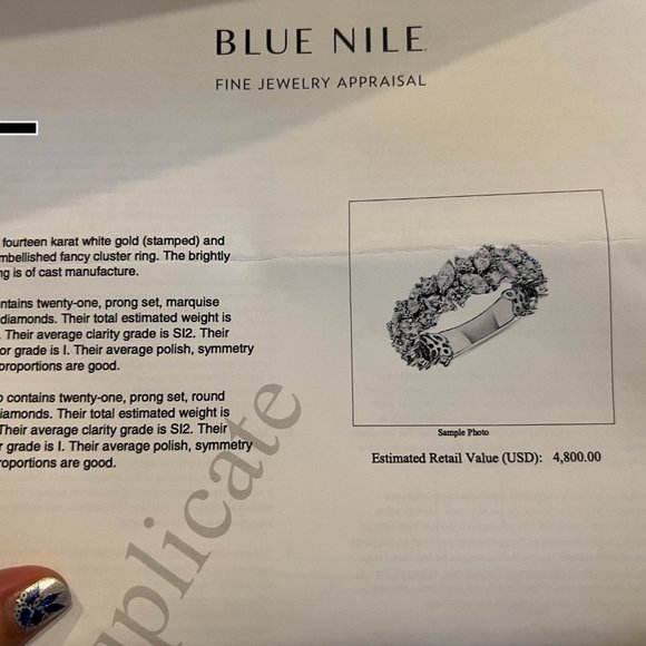 Blue Nile Marquise & Round Diamond 2 ct. tw. Ring w original box/papers! Size 5 - Picture 5 of 5